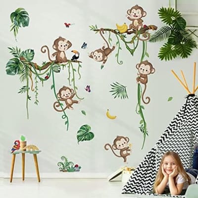 PromoHome Jungle Dieren Muursticker Set - 8 Vellen Klimmende Aap Wijnstok Bladeren Decoratie voor Babykamer Kinderkamer Slaapkamer Woonkamer