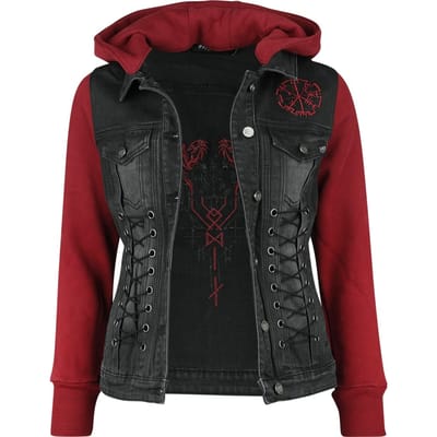 Black Premium by EMP Zwart-rood spijkerjasje met afneembare capuchon en mouwen van extra zachte zweetstof - Dames - S