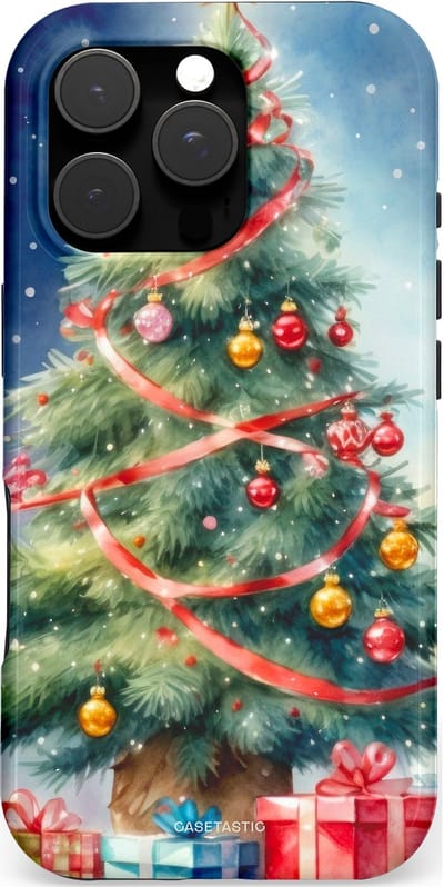 Casetastic hoesje geschikt voor Apple iPhone 16 Pro - MagSafe - Dubbellaagse bescherming - Aquarel Kerstboom Cadeau - Fashion Case - Grijs Donkerblauw Saliegroen Beige