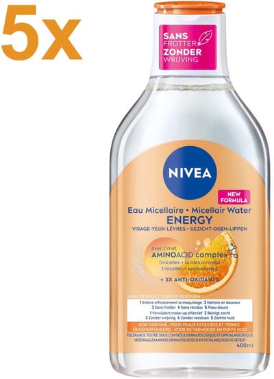 NIVEA Micellair Water Energy – Gezichtsreiniger – Met Vitamine C – 5x 400 ml | Voordeelverpakking