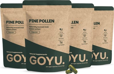 GOYU Pine pollen 1000 mg per dagdosering Combideal 4x 80 Capsules - Dennenpollen – Celwand Gebroken - Vegan - Zonder toevoegingen - Lab getest - 50 dagen voorraad per zakje