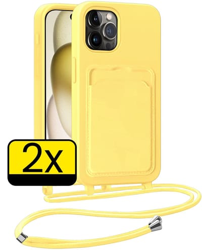 Hoesje Geschikt voor iPhone 14 Pro Telefoonhoesje Met Koord Case Pashouder Siliconen - Hoes Geschikt voor iPhone 14 Pro Hoesje Met Kaarthouder - Geel - 2 Stuks