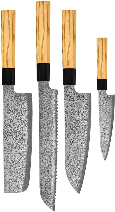 Shinrai Knives - Takumi Kaza 4-delige Damascus Messenset - Santoku + Broodmes + Nakiri + Schilmes