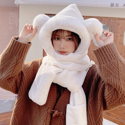 Chapeau, Écharpe Gants Chapeau une pièce Écharpe en peluche épaisse chaude et mignonne pour femmes Automne et Hiver blanc