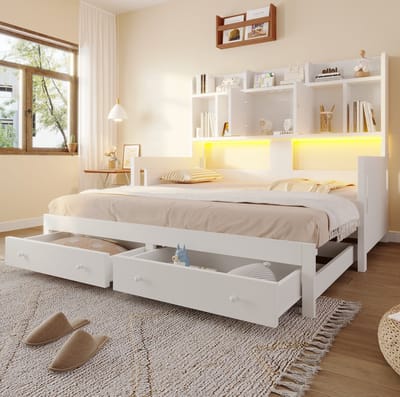 FloraGrace Slaapbank 90x190 cm - Uitschuifbaar Tot 180x190 cm met LED en Stopcontact - Met Opbergruimte en Lades - Hout - Wit - Zonder matras