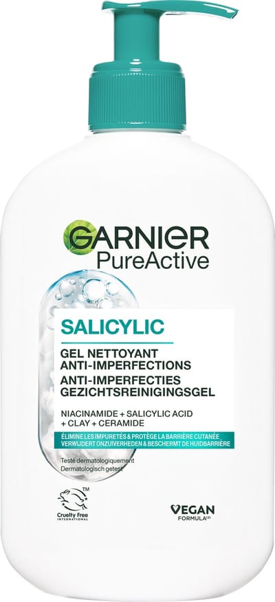 Garnier PureActive Salicylic Anti-Imperfecties Gezichtsreinigingsgel – met Niaciamide, Salicylzuur, Klei & Ceramide – Verwijdert onzuiverheden & Beschermt de huidbarrière - 250ml