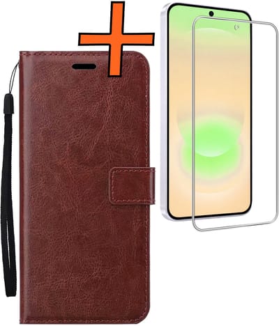 Hoes - Met Screenprotector - Geschikt voor Samsung Galaxy A37 - Luxe Pasjeshouder - Bookcase Portemonee - Flip Case - Kunstleer Book Case - Flipcase - Book Cover - Walletcase - PortemonneeHoes - Bruin