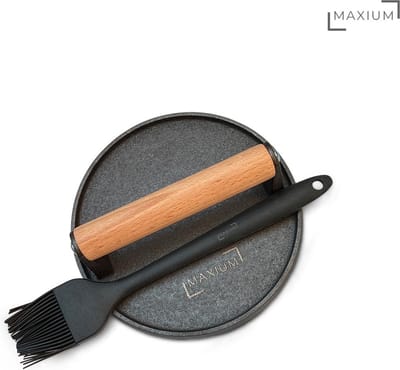 Maxium - Hamburgerpers XL - Gietijzer - Extra zwaar - 17,5 cm - BBQ Accesoires - Hamburgermaker - Grill Hamburger Press - Smash Burger Maker - Inclusief Siliconen Kwast - Vaderdag cadeau