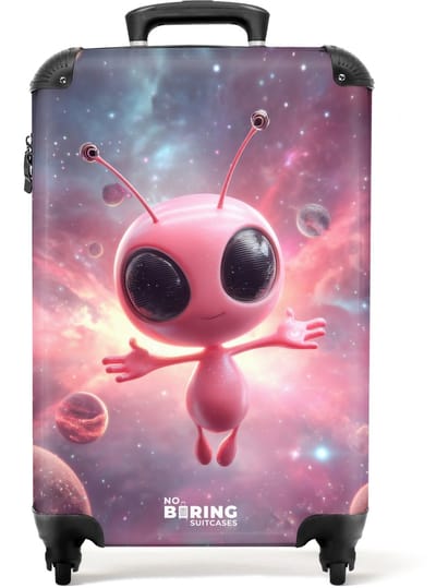 NoBoringSuitcases.com - Koffer - Roze alien in de ruimte - Past binnen 55x40x20 cm en 55x35x25 cm - Trolley handbagage - Valiezen met wieltjes volwassenen - Reiskoffer op wielen - Rolkoffer lichtgewicht