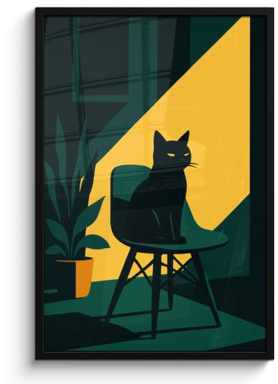 Poster in lijst - Fotolijst 60x90 cm - Posters - Zwarte kat - Mysterieus - Gele instraal - Posterlijst zwart - Decoratie - Wanddecoratie woonkamer - Muurdecoratie slaapkamer