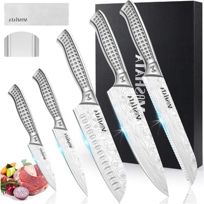 RVS 5-delige Keukenmessen Set met Koksmes, Santoku, Utility, Broodmes en Schilmes in Cadeauverpakking met Vingerbescherming