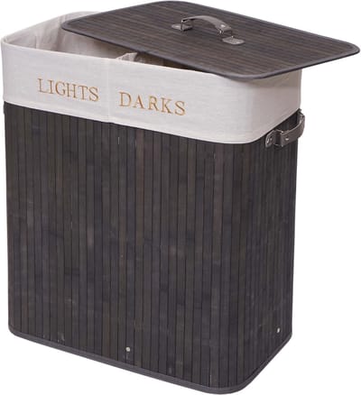 Wasmand MCW-C21, Wasbox Wasbox, bamboe 2 compartimenten 63x55x34cm 100l ~ donkergrijs