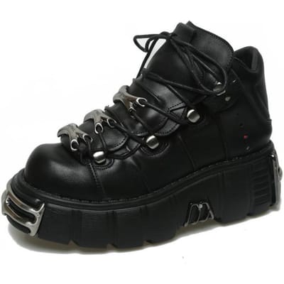 Baskets Femme Style Punk Décor Métal Lacets Chaussures à Plateforme Femme Creepers Féminines Décontractées Tenis Feminino Sapatos De Mujer 35 noir