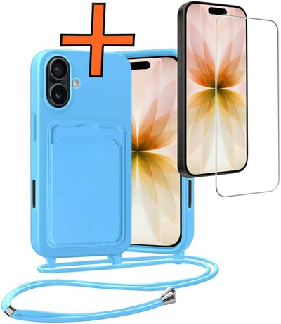 Hoesje Geschikt voor iPhone 17 Hoesje Met Telefoonketting Pasjeshouder Case Met Screenprotector Koord - Hoesje Geschikt voor iPhone 17 Hoes Met Kaarthouder - Lichtblauw