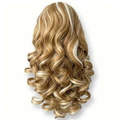 Blond highlight krullend paardenstaart haar extensie extensions dames clip in ponytail haarstuk volle curls natuurlijk ogend