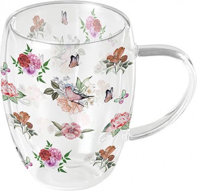 dubbelwandig theeglas - Ambiente - Charlotte - bloemen - vlinders - kado -cadeau - moederdag