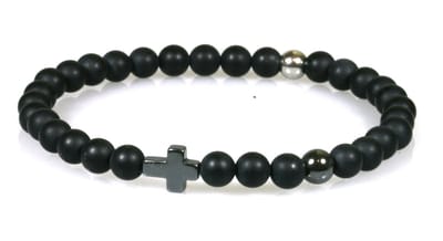 IbizaMen - heren armband - Zwart mat onyx 6mm - hematiet kruisje en kraal - RVS kraal - 19cm