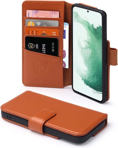 MobyDefend Hoesje - Geschikt voor Samsung Galaxy S22 Plus (S22+) - Luxe Leren Wallet Bookcase - Lichtbruin