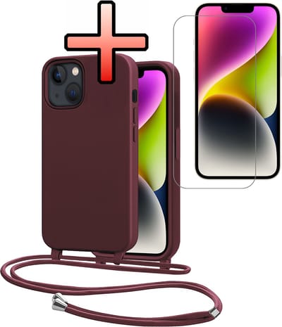 Hoes Geschikt voor iPhone 13 Mini Met Telefoonkoord Met Screenprotector - Siliconen Hoesje Backcover Met Ketting - Aubergine