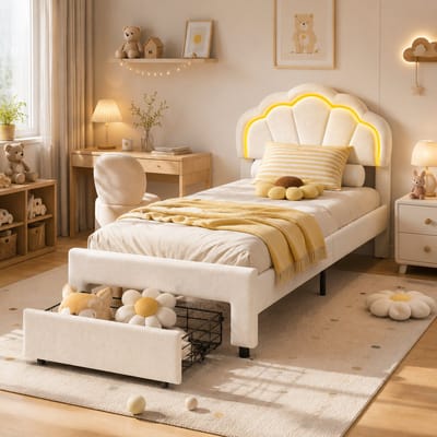Gestoffeerd bed, 90 x 200 cm, kinderbed met ledverlichting, eenpersoonsbed met hoofdbord en lattenbodem, ladebed met opbergruimte, geschikt voor tieners en meisjes, fluweel Wit