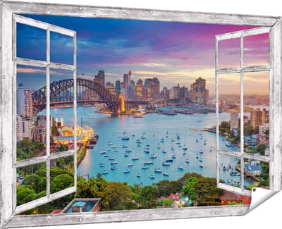 Gards Tuinposter Doorkijk Sydney Harbour Bridge in de Avond - 180x120 cm - Tuindoek - Tuindecoratie - Wanddecoratie buiten - Tuinschilderij