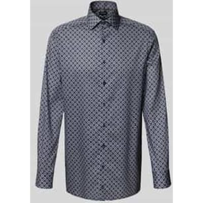 OLYMP Luxor modern fit overhemd - dobby - donkerblauw met wit - bruin en lichtblauw dessin - Strijkvrij - Boordmaat: 43