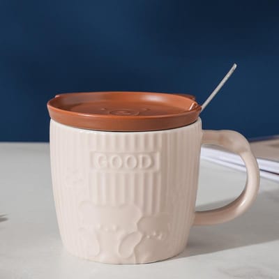 Niche Eenvoudige Cartoon Beer Keramische Kop met Deksel Lepel Souvenir Cadeau Mok Schattige Kinderen Waterbeker 350ML brown