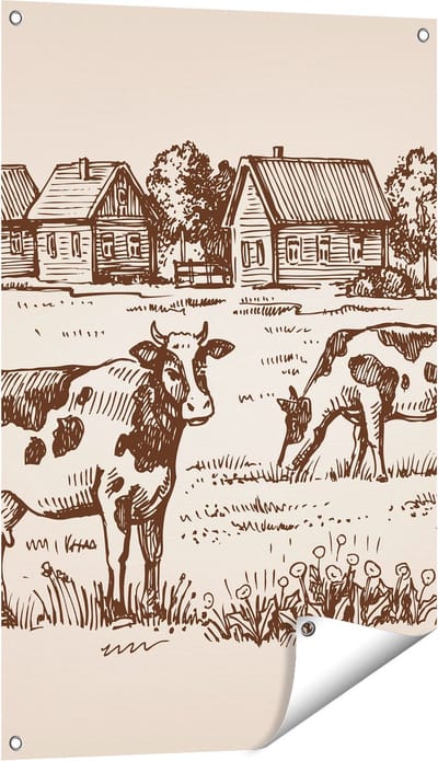 Gards Tuinposter Getekende Koeien op een Boerderij - Abstract - 60x90 cm - Tuindoek - Tuindecoratie - Wanddecoratie buiten - Tuinschilderij