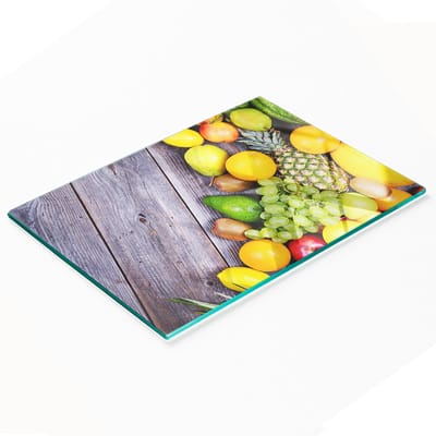 Glazen serveerplank met afbeelding van fruit op hout, 80x52 cm