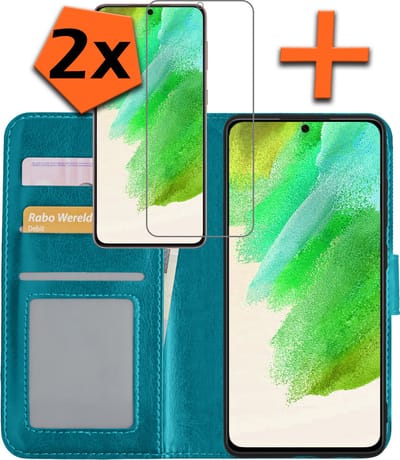 Hoes - Met 2x Screenprotector - Geschikt voor Samsung Galaxy S21 FE - Luxe Pasjeshouder - Bookcase Portemonee - Flip Case - Kunstleer Book Case - Flipcase Hoes - Book Cover - Walletcase - PortemonneeHoes - Turquoise