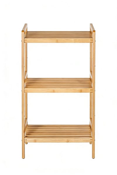 Opbergrek 45 x 31,5 x 80 cm Houtkleur Plankenrek Boekenrek Displayrek met 3 open opbergvakken Stevig en duurzaam bamboe frame Stijlvolle eenvoudige moderne uitstraling Geschikt voor badkamer keuken en slaapkamer