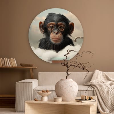 WallCircle® Wandcirkel 90x90 cm - Muurcirkel Aap - Dieren - Bad - Schuim - Dierenportret - Badkamer - Humor - Muurdecoratie cirkel woonkamer - Wanddecoratie slaapkamer - Kamer decoratie accessoires - Ronde schilderijen binnen