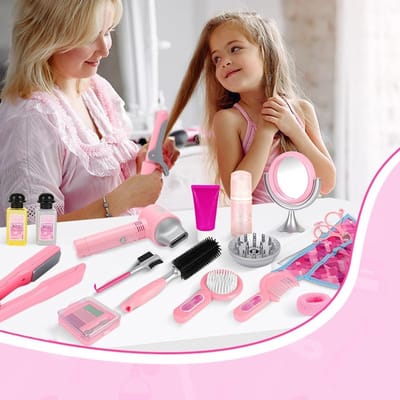 Speelgoedset voor Kinderen met Haar Salon, Make-up en Hairstyling - Inclusief Cosmetica Koffer en Krultang, Perfect Cadeau voor Creatieve Kinderen vanaf 3 Jaar