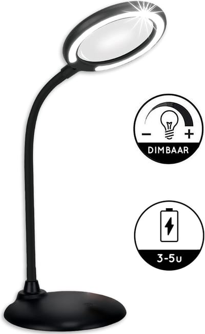Wilberg Loeplamp met LED Verlichting Oplaadbaar- Tafel Loeplamp - Zwart - Diamond Painting Accessoire - 3 tot 5 uur Batterij - Borduurlamp - Bureaulamp Led - Vergrootglas: 5X - 28LED - 46CM