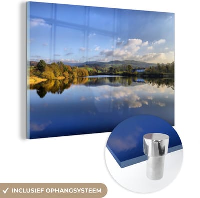 ® Glasschilderij 180x120 cm - Schilderij acrylglas - Reflectie van het Nationaal park Peak District in kalm water - Foto op glas - Muurdecoratie woonkamer - Wanddecoratie slaapkamer - Schilderijen
