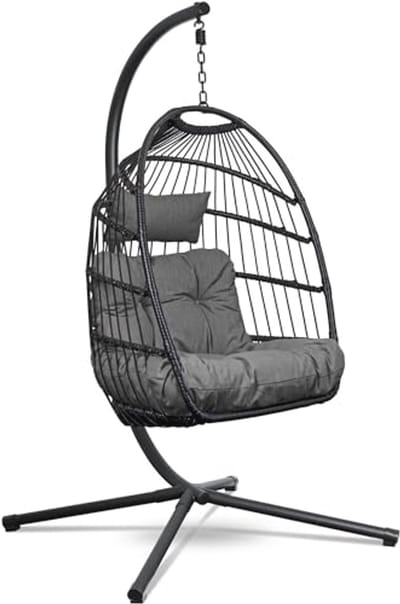 Hangstoel met standaard – Eierstoel voor Binnen en Buiten – Inclusief Kussens – Tot 150kg – Donkergrijs