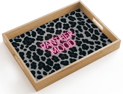 Dienblad hout 40x30 cm - Schootdienblad - Panterprint - Zwart - Neonletters - Roze - Borrelplank rechthoek - Plateau dienbladen