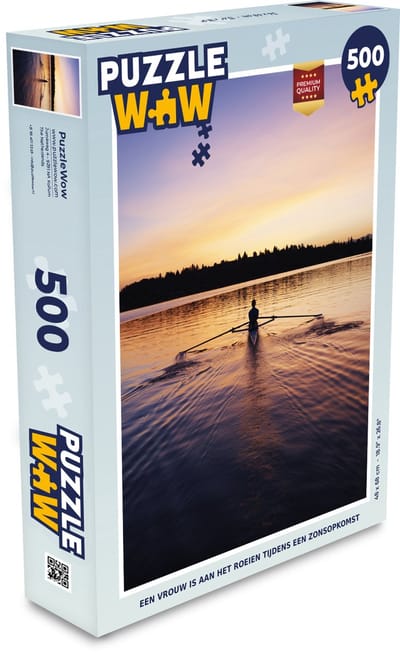 Puzzel Een vrouw is aan het roeien tijdens een zonsopkomst - Legpuzzel - Puzzel 500 stukjes