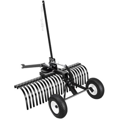 122 cm Getrokken Landschaps hark, Achter een ATV Grasmaaier Tractor te trekken Gras en Steen hark, 24 Duurzame Stalen Tanden, Verstelbare Hoogte & Hoek, Heavy Duty