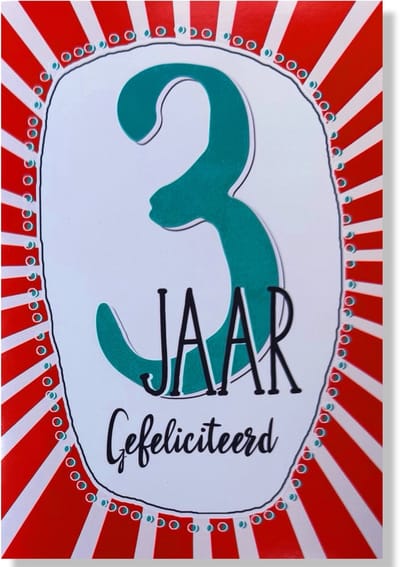 Hoera 3 Jaar! Luxe verjaardagskaart - 12x17cm - Gevouwen Wenskaart inclusief envelop - Leeftijdkaart