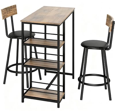 Tafel en Stoelen Set 3-delig, modern ontwerp, met 3 opbergrekken, geschikt voor eetkamer en keuken, duurzaam en gemakkelijk schoon te maken 90 x 50 x 90,5 cm (Tafel) en 36 x 47 x 91 cm (Stoelen), zwart staal