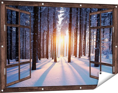 Gards Tuinposter Doorkijk Bos met Sneeuw tijdens de Zonsondergang - 120x80 cm - Tuindoek - Tuindecoratie - Wanddecoratie buiten - Tuinschilderij