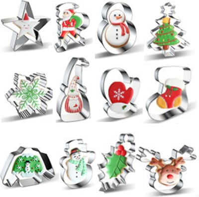 Kerst Uitsteekvormpjes - Set van 12 RVS Bakvormen - Cookie Cutters - Kerstkoekjes bakken - Kerstboom, Kerstman, Ster, Want etc.