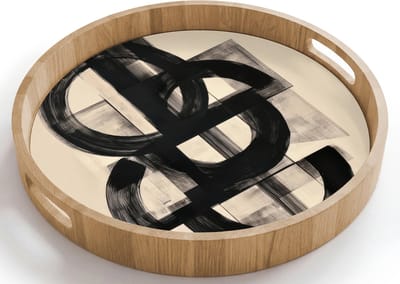 Dienblad rond 40x40 cm - Schootdienblad hout - Cirkels - Lijnen - Vormen - Zwart - Borrelplank rechthoek - Plateau houten dienbladen