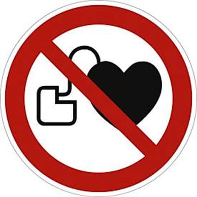 moedel verbodsbord "Verboden toegang voor personen met pacemakers", volgens DIN EN ISO 7010 P007, zelfklevende folie, Ø 100 mm