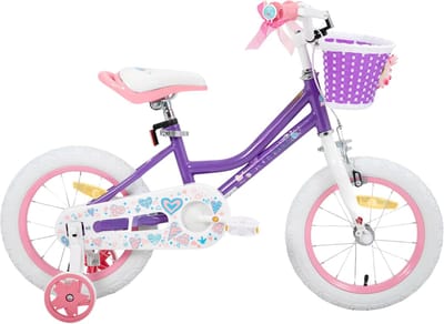 Meisjesfiets – Voor peuters en kinderen van 2-9 jaar – Met zijwieltjes, mandje, handrem & standaard – Paars, 30 cm