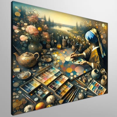 Abstract vermeer schilderij | Abstracte interpretatie van Vermeer's meesterwerken in eigentijdse kunststijl | Kunst - 60x60 centimeter op Canvas | Foto op Canvas