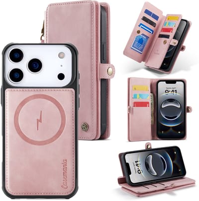 Casemania Hoesje Geschikt voor Apple iPhone 17 Pro - Pale Pink - Geschikt voor MagSafe - Luxe Kunstlederen 2 in 1 Kunstlederen Portemonnee Book Case met Extra Vakken