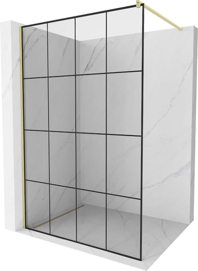 Mexen Kioto douchewand Walk-in 130 x 200 , zwart raster 8 mm, geborsteld goud - 800-130-101-55-77