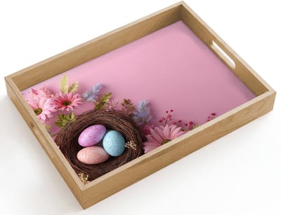 Dienblad hout 40x30 cm - Schootdienblad - Vogelnestje - Paaseieren - Bloemen - Pastelkleuren - Borrelplank rechthoek - Plateau dienbladen